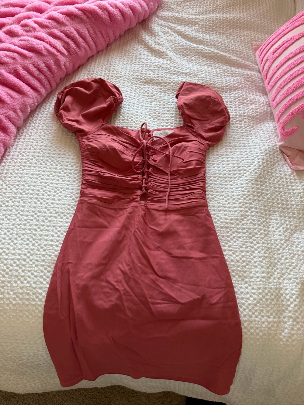 Ruched Lace-Up Mini Dress with Puff Sleeves in Rose